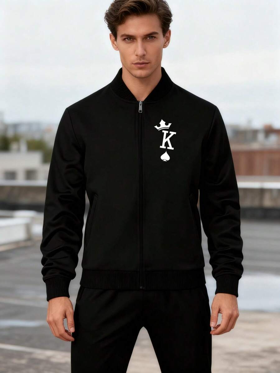 [Retro American Style] Poker King Crown Print Jacket. Retro Design, Crisp And Stylish Fabric. Men's Casual Baseball Jacket, Stand-Up Collar, Versatile Top, Jacket, Outerwear. - 黑色 - 查看 1