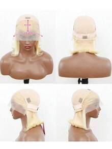 613号金色短波波头假发，真人发，13x4蕾丝前假发，180%密度，巴西原生发，613号蕾丝前真人发直发波波头假发，预先拔毛，带婴儿发。 - S613 - 查看 4