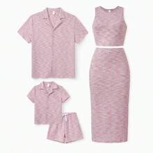 Matching Family Outfits – Knit Textured 2-Piece Crop Top & Midi Skirt Co-Ord Set For Women, Short Sleeve Button-Down Shirt For Men, Kids' Shirt & Shorts Set – Coordinated Summer Casual Wear - trắng - Xem 1