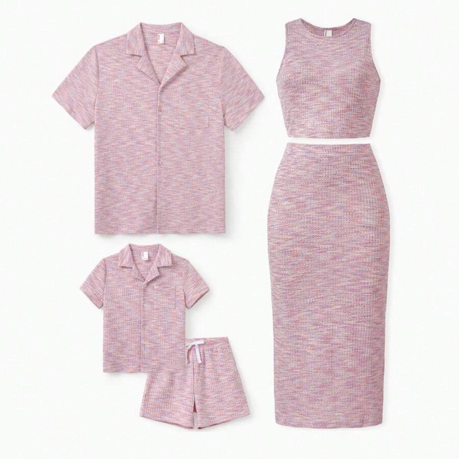 Matching Family Outfits – Knit Textured 2-Piece Crop Top & Midi Skirt Co-Ord Set For Women, Short Sleeve Button-Down Shirt For Men, Kids' Shirt & Shorts Set – Coordinated Summer Casual Wear - trắng - Xem 1