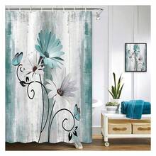 Rustic Farmhouse Shower Curtain, Farm Teal Daisy Floral Flowers And Butterfly On Country Wooden Shower Curtain For Bathroom, Turquoise Blue With 12PCS Hooks, 48X70IN - 多色555 - 查看 1