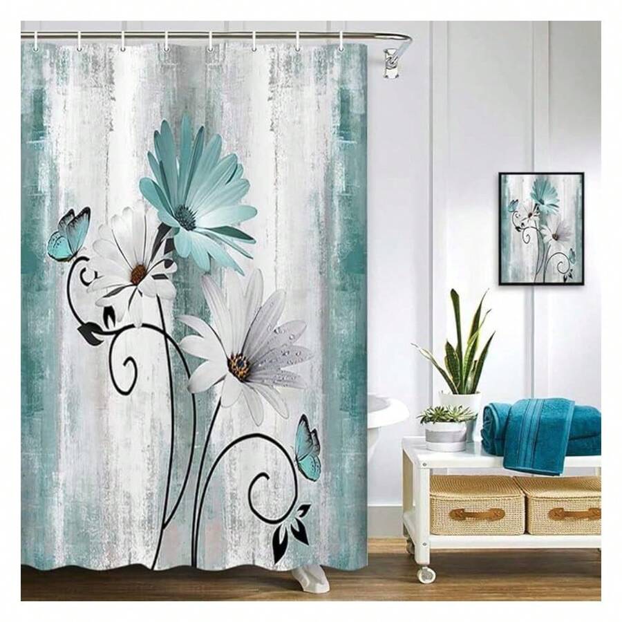 Rustic Farmhouse Shower Curtain, Farm Teal Daisy Floral Flowers And Butterfly On Country Wooden Shower Curtain For Bathroom, Turquoise Blue With 12PCS Hooks, 48X70IN - 多色555 - 查看 1