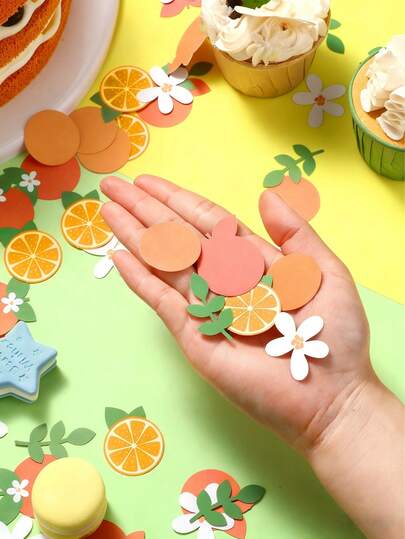 100 Pcs /Set Of Small Cute Baby Shower Confetti Bag Citrus Confetti Bag, Pattern Mix And Match, Orange Round Paper Orange White Flower Green Eucalyptus Scatter Suitable For Baby Shower Birthday Party Wedding Wedding Table Decoration Supplies