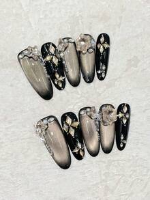 10片装奢华闪亮黑金猫眼美甲贴纸，可重复使用手工美甲贴片，适合约会、派对、音乐会、送礼等场合，美甲用品，手工按压式美甲贴片 - 黑色 - 查看 20