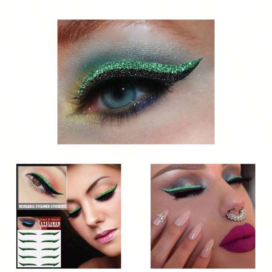 闪光眼线贴纸，即贴式眼线贴，可重复使用眼影贴纸，彩色眼皮贴，派对眼妆，女士银色，便宜，情人节，廉价商品，旅行，旅行必备，房间装饰，情人节礼物，廉价小物，房间，1美元商品，度假必备，女士礼物，卧室，情人节，99美分 - 5-綠色 - 查看 1