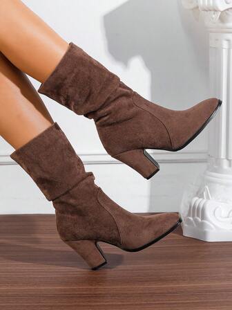 Chunky Heel Slouchy Boots Round Toe Suede Slim Tall Boots For Women, New Autumn/Winter Mid-Calf Riding Boots High Heel Chunky/Slim Heel