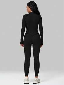 MFVIM 女士长袖连体裤，半拉链设计，紧身性感运动服，高强度瑜伽训练服 - 黑色 - 查看 8