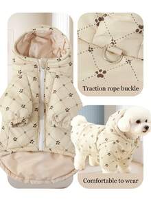 1pc Soft & Cute Pet Dog Apparel, Fashionable Design, Comfortable Soft Material, Dotted Rhombus Pattern, Paw Print Graphic, Hooded Winter Coat, Versatile For Spring, Autumn & Winter, High-Quality & Stylish
