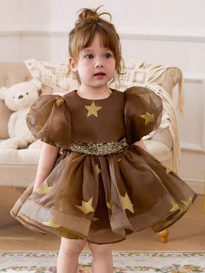 女婴圣诞优雅连衣裙，星形网纱泡泡袖，甜美小女孩派对礼服，公主裙，适合儿童生日、婚礼、花童、正式场合、节日庆典