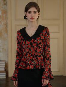 Simple Retro Women's Floral Print Casual Versatile Daily Wear Shirt - Red - View 3