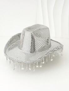 1 件女式银色闪光复古牛仔帽，纳什维尔单身女士牛仔帽，少女复古花卉，创意朋克风格宽边帽，街头时尚优雅美学，适合西部主题活动、派对、订婚、角色扮演、毕业典礼、化妆舞会、节日、婚礼、生日、音乐节、成人仪式、万圣节 - 銀色 - 查看 1