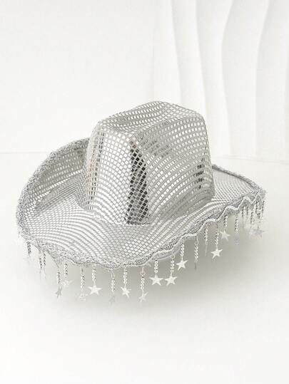 1 件女式银色闪光复古牛仔帽，纳什维尔单身女士牛仔帽，少女复古花卉，创意朋克风格宽边帽，街头时尚优雅美学，适合西部主题活动、派对、订婚、角色扮演、毕业典礼、化妆舞会、节日、婚礼、生日、音乐节、成人仪式、万圣节