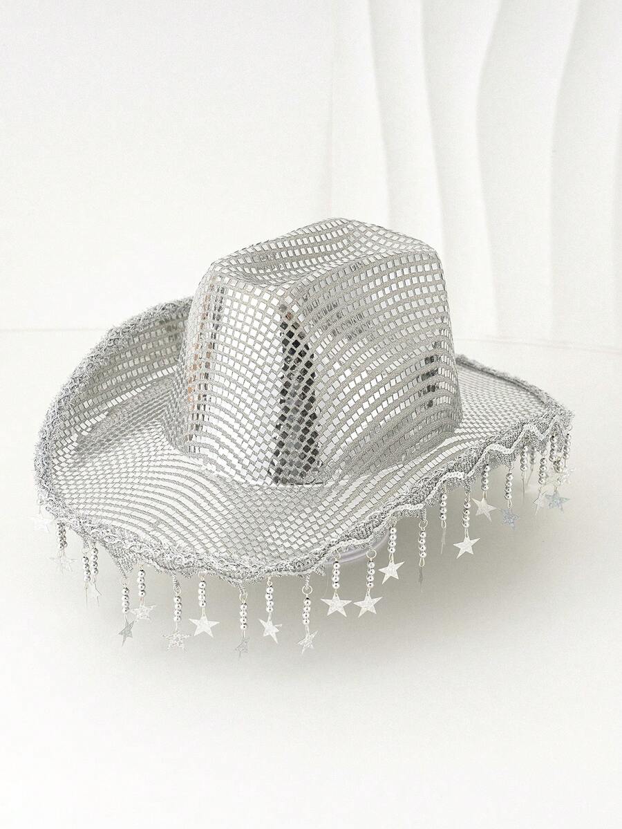 1 件女式银色闪光复古牛仔帽，纳什维尔单身女士牛仔帽，少女复古花卉，创意朋克风格宽边帽，街头时尚优雅美学，适合西部主题活动、派对、订婚、角色扮演、毕业典礼、化妆舞会、节日、婚礼、生日、音乐节、成人仪式、万圣节 - 銀色 - 查看 1