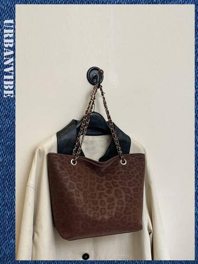 2025 New Fashion Large Capacity Women's Handbag, Vintage Chain Shoulder Bag With Leopard Print Pattern, Suitable For Commuting