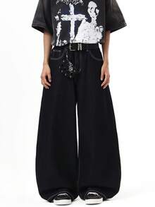 1件 Justice Brother 休闲个性化印花黑色宽松阔腿牛仔裤，男女通用街头风通勤裤（不含腰带和配饰） - 深色水洗藍 - 查看 2