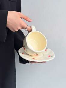 1pc Cherry Coffee Cup & Saucer Set, High-End Afternoon Tea Cup, Water Mug, Unique Gift, Multifunctional, Heat-Resistant, Dishwasher , Suitable For Parties And Gifts - Multicolor - View 5