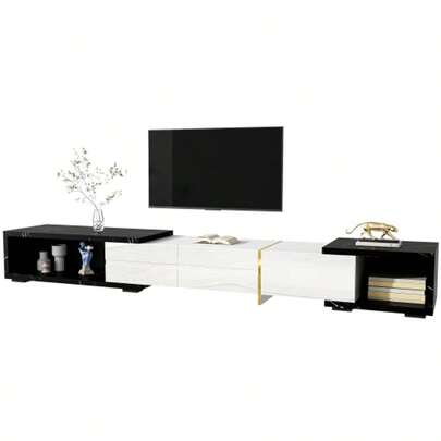Modern TV Cabinet With Variable Length (140-260 Cm), Swivel Function, Black Marble Look, White High-Gloss Matte Finish And Gold Embellishments. Description: This TV Cabinet Combines Modern