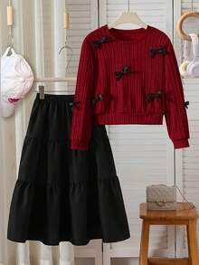 Tween Girls' Clothes, Fashionable Cute Delicate Bow-Tie Top With Half Skirt Suit, Casual Elegant Fashion - Suitable For Spring And Autumn. - Burgundy - View 8