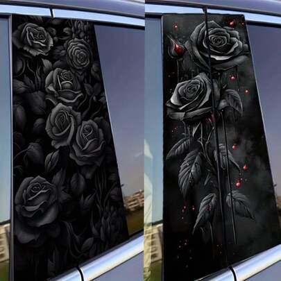 2pcs Matte Black Rose Floral Car B-Pillar Decals - Self-Adhesive Waterproof Stickers, Scratch-Resistant, Easy Application With Water Spray Bottle For Cars, Trucks, SUVs, Motorcycles - Vehicle Exterior Decoration, No Residue Removal, Compatible With Metal/Plastic Surfaces, Automotive Enhancement, Stylish Stickers, Highquality Decal, Suv Owners