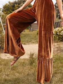 Boho Style High Waist Velvet Flare Pants, Tiered Ruffle Hem Wide Leg Trousers, Vintage Fall Winter Bottoms - 棕色 - 查看 5