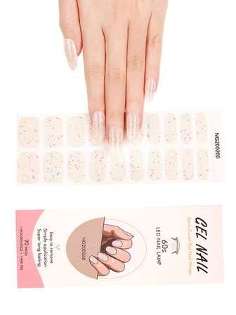 1 förpackning med 20 st naturliga, långvariga, klassiska självlysande paljett-nagelklistermärken i flerfärgat UV-gel, enkla att applicera och ta bort.