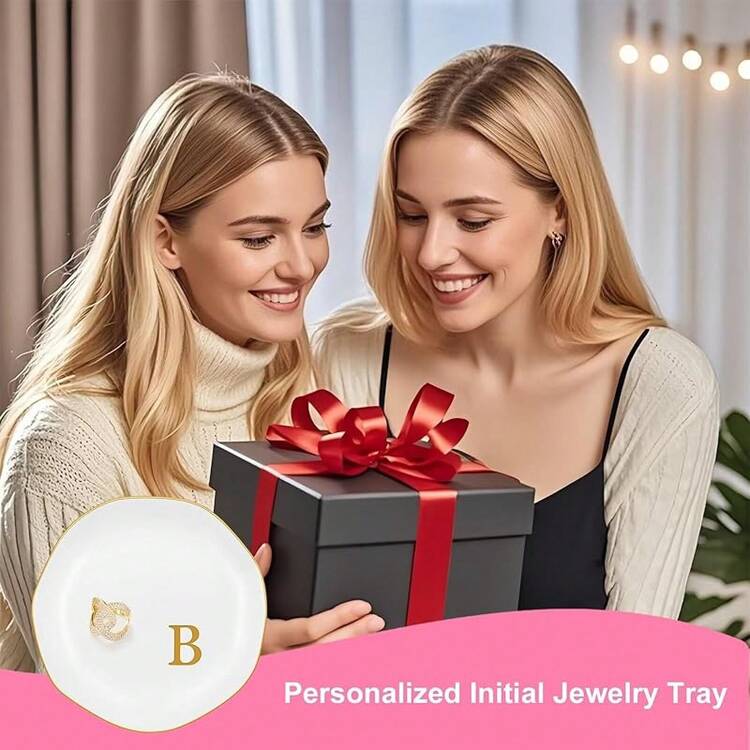 Bandeja de joyería de cerámica, plato de anillo inicial personalizado, elegante bandeja de baratija para anillos, aretes, pulseras, collares, soporte de joyería decorativo blanco para mujer - Letra B - Añade 8