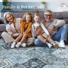 Hodeffior Washable Vintage Area Rugs 120x170cm, Traditional Living Room Rug, Non-Slip Floral Print Carpet For Bedroom, Foldable Short Pile Indoor Mat For Dining Room - Grey Blue - View 4