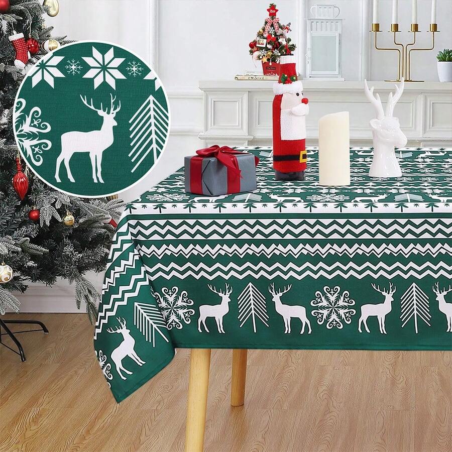 Weihnachtstischdecke, Waschbar, Knitterfrei, Tischdecke, dekorative Tischdecke, mit Schneemann,Hirsch,Weihnachtsbaum, knitterfreie,Tischset für Partys, Essen, Bankett im Freien - grüner Hirsch 130x130cm - Übersicht 1
