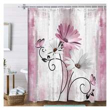 Rustic Farmhouse Shower Curtain, Farm Pink Daisy Floral Flowers And Butterfly On Country Wooden Shower Curtain For Bathroom, Pink Grey Bathroom Shower Curtains With 12PCS Hooks, 70X75IN - 多色585 - 查看 1
