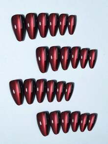 24pcs/Set Y2K Aesthetic Blood-Red Crystal Cat Eye Press On Nails Long Almond Red Cat Eye Acrylic False Nails,Contain 1pc Jelly Glue And 1pc Nail File,Suitable For Woman & Girl Daily Wear Rave Party Use Nail Supplies - Multicolor - View 4
