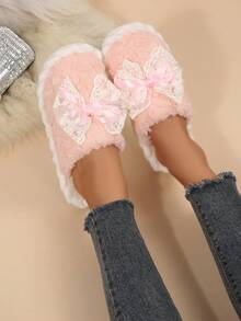 Pantuflas suaves con bordado de dibujos animados lindos para mujer, cómodas para el dormitorio, para todo el año - Rosa - Ver 2