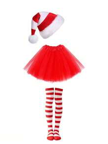 女士圣诞老人服装配饰三件套，包括圣诞老人帽、芭蕾舞裙、条纹打底裤，适合女士派对角色扮演，圣诞节 - 彩色 - 查看 8