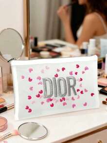 Dior Cute Girl's Makeup Bag, High-Quality Transparent Cosmetic Pouch With Embroidered Pink Heart Design - Pink - View 1