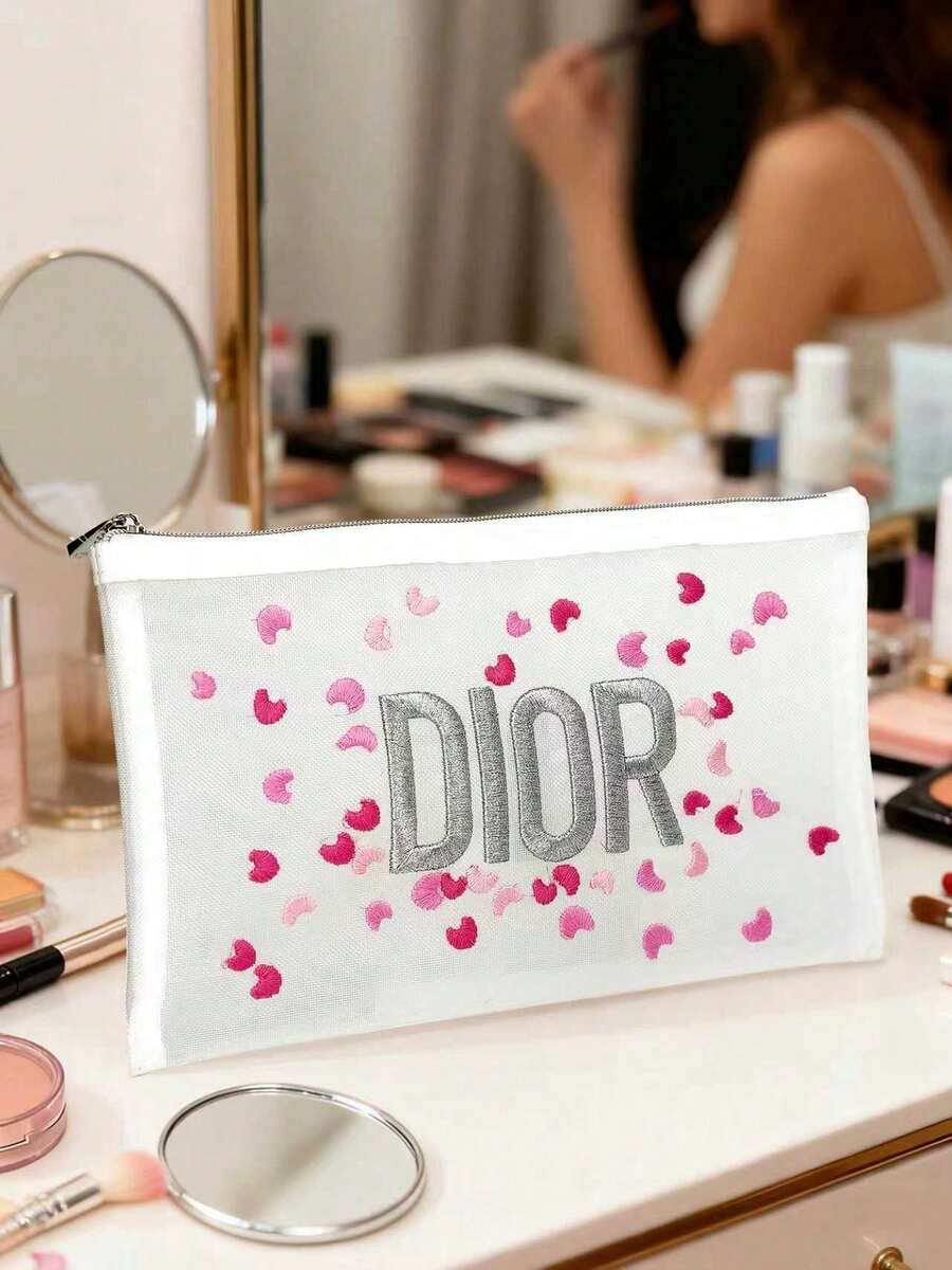 Dior Cute Girl's Makeup Bag, High-Quality Transparent Cosmetic Pouch With Embroidered Pink Heart Design - Pink - View 1