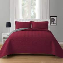 Elegant Comfort 3pcs Majestic Quilt Set Bedspreads, Ultra-Soft Comfortable Bedspread With 2 Pillow Shams Bedding, Machine Washable, Quilted Reversible Bedspread Coverlet Set, Full/Queen, King/California King And Twin/Twin XL Size Bed For All Seasons, Christmas Decorations Gifts, Cozy Winter Styles, Holiday Décor - 酒紅色/灰色 - 查看 3