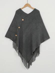 1pc Women Solid Color Button Tassel Knitted Poncho Shawl, Fashionable Casual Warm Wear For Vacation And Daily Use