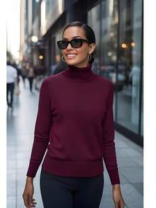 Women's High Neck Blouse With Elastane, Dress Sweater With Roll Neck, Polyester, Winter Nightwear - Màu Tím - Xem 5