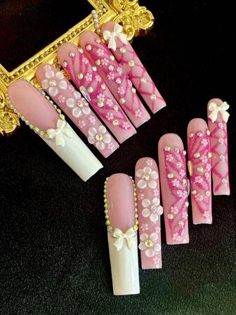 10pcs Extra Long Handemade Press On Nails For Party And Daily Wear, Butterfly,Flowers,3D Rhinwstones,Flowers For Girls,Easy To Wear10pcs Y2K Extra Long Handmade Press On Nails,Shiny Atirficial Gems,Spring And Summer Style,Suitable For Girls And Women Festivals Parties And Daily Wear