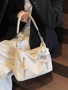 This Stylish And Minimalist Shoulder Bag Is Made Of PU Fabric And Features A Vertical Zipper And Decorative Charm. Its Fashionable And Simple Design Makes It Perfect For College Students, Commuters, Women, And Shopping Occasions. - Beige - View 6