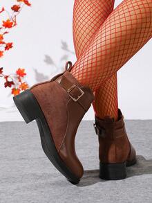 Botas Chelsea de tobillo para mujer de talla grande con parches de cuero y forro polar para otoño/invierno, con detalles de hebilla metálica, diseño de cremallera lateral para facilitar el calzado, tacón grueso para comodidad, forro cálido, colores clásicos adecuados para el trabajo, el transporte y diversos atuendos, elegante y chic - Marrón - Ver 4