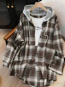 Plus Size Women Plaid Patchwork Drawstring Front Button Hooded Long Sleeve Shirt - Brown - View 5