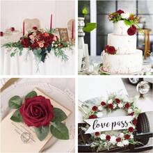 25/250pcs Real Looking Fake Roses Stem For DIY Wedding Bouquets Centerpieces Arrangements Party Baby Shower Home Decorations OPP Bag Packaging (Excluding Box)Containing Two Leaves - Dark Red - View 5