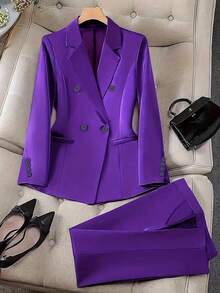 Women's Spring & Autumn Double-Breasted Long Sleeve Suit Set - Purple - View 1