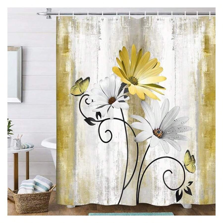 Rustic Farmhouse Shower Curtain, Farm Yellow Daisy Floral Flowers And Butterfly On Country Wooden Shower Curtain For Bathroom, Yellow Bathroom Shower Curtains With 12PCS Hooks, 70X84IN - 多色558 - 查看 1