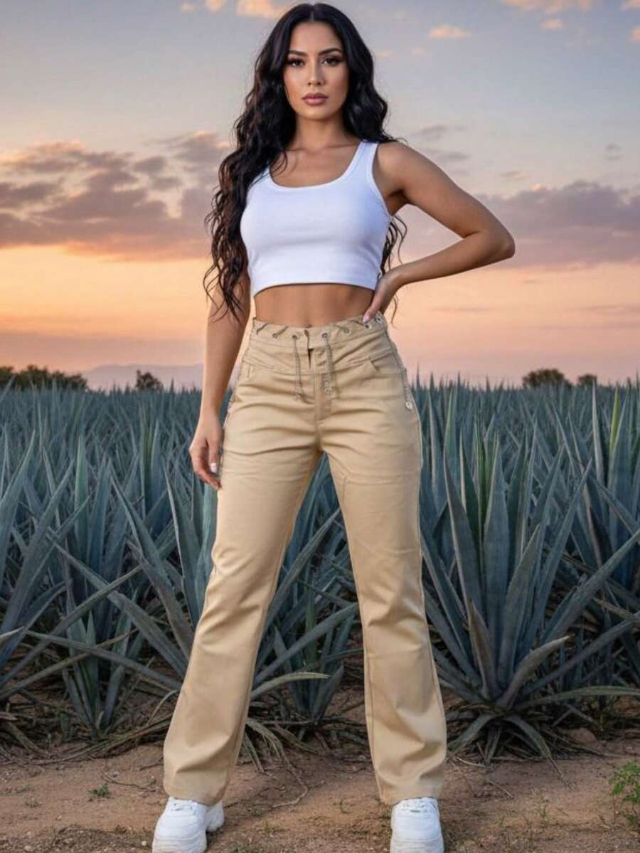 Pantalones Largos Rectos para Mujer Twill Suave con Bolsillos con Cremallera Talle Alto con Cadena Doble Cintura Formal e Informal para Uso Diario Moda - Beis - Ver 1