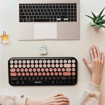 Teclado inalámbrico redondo retro MOFII, color degradado marrón-negro, escritura silenciosa por Bluetooth, material de teclas retro, estética de escritorio, adecuado para tabletas/dispositivos Windows, artículo esencial de alta calidad para oficina y juegos, regalo perfecto para volver a la escuela, cumpleaños, San Valentín, Halloween, Pascua, novio/novia