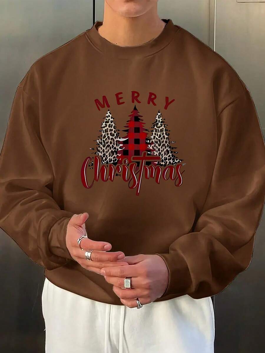 Men's Loungewear 1pc Casual Round Neck Sports Sweatshirt For Men - Merry Christmas Geometric Print, Polyester Long Sleeve Pullover With Slight Elasticity For Hiking And Outdoors, Autumn/Winter Fashion Loose And Comfortable - 深棕色 - 查看 1