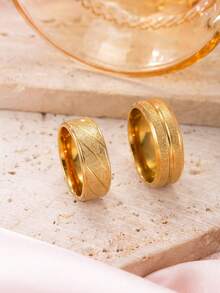 2pcs Elegant Minimalist Stainless Steel 18K Gold Plated Couple Rings, 6mm Matte Finish Women's Ring, 8mm Matte Finish Men's Ring, Suitable For Engagement, Women's Gift, Everyday Couple Wear - Gold - View 22