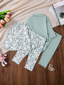 Set Pakaian Rumah Lucu 4 Potong untuk Bayi Perempuan Sepanjang Musim, Motif Bunga & Warna Polos, Atasan Lengan Panjang dan Celana Panjang dengan Kerah Lipat dan Kancing - MultiWarna - View 5