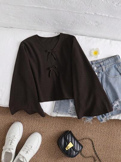Girls' Casual Solid Color V-Neck Tie Flare Sleeve Top, Cute Brown Bow Decor Blouse, Elegant & Fashionable, Suitable For Spring/Autumn Daily, Outdoor, Back To School, Party Wear